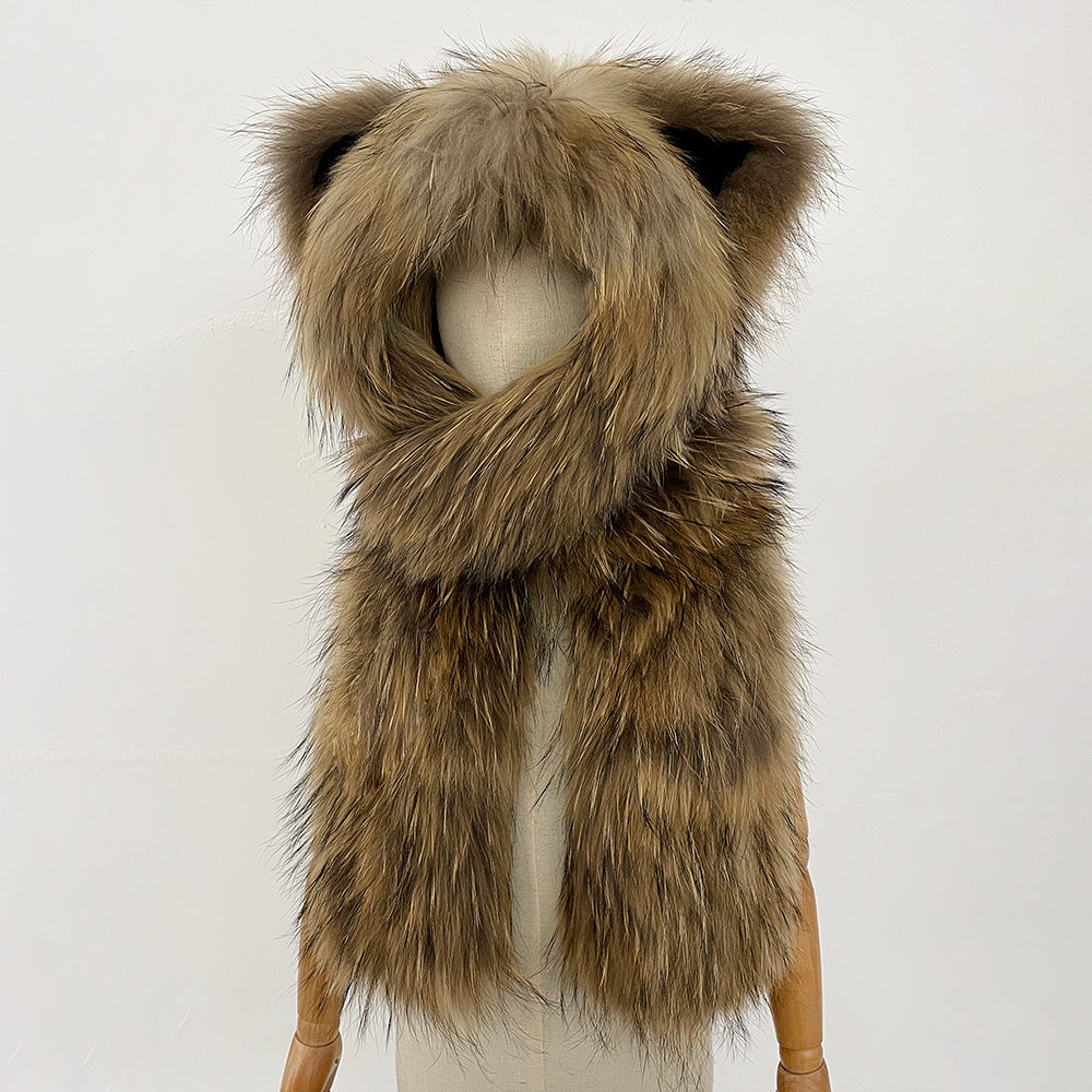 OFTBUY Thick Warm Cute Animal Natural Raccoon Fur Hat Scarf Women New Winter Windproof Cycling Caps Real Fur Muffler Female