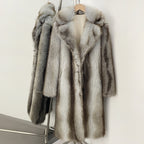 Chic silvery-light grey long-line vegan fur coat for modern winter styling