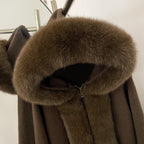 OFTBUY Luxury Viscose Blend Knitted Jacket with Real Fox Fur Hood & Trim - Premium Zip-Up Sweater with Oversized Fur Collar