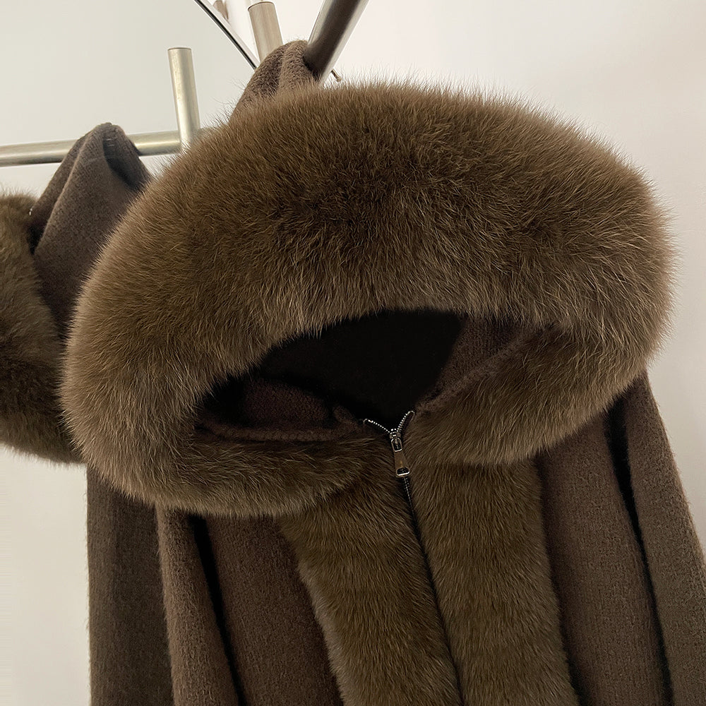 OFTBUY Luxury Viscose Blend Knitted Jacket with Real Fox Fur Hood & Trim - Premium Zip-Up Sweater with Oversized Fur Collar