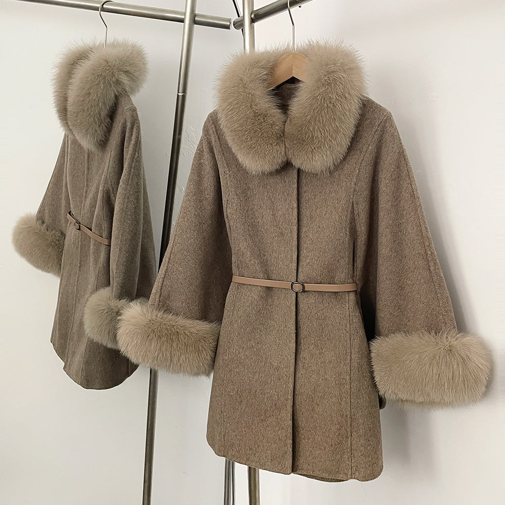 OFTBUY Belt Loose Cloak Natural Fur Woolen Jacket Real Fox Fur Collar and Cuffs Wool Coat Female New Autumn Winter Clothes Lady