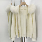 OFTBUY Natural Fur Knitted Sweater Jacket Hooded Real Fox Fur Cardigan Coat Women New Autumn Winter Zipper Warm Clothes Female