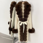 OFTBUY Cardigan Sweater New Women's Knit Long Coat with Full Real Fox Fur Belted Pockets Warm Winter Elegant Fashion Outerwear