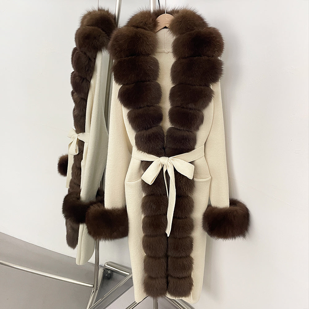 OFTBUY Cardigan Sweater New Women's Knit Long Coat with Full Real Fox Fur Belted Pockets Warm Winter Elegant Fashion Outerwear