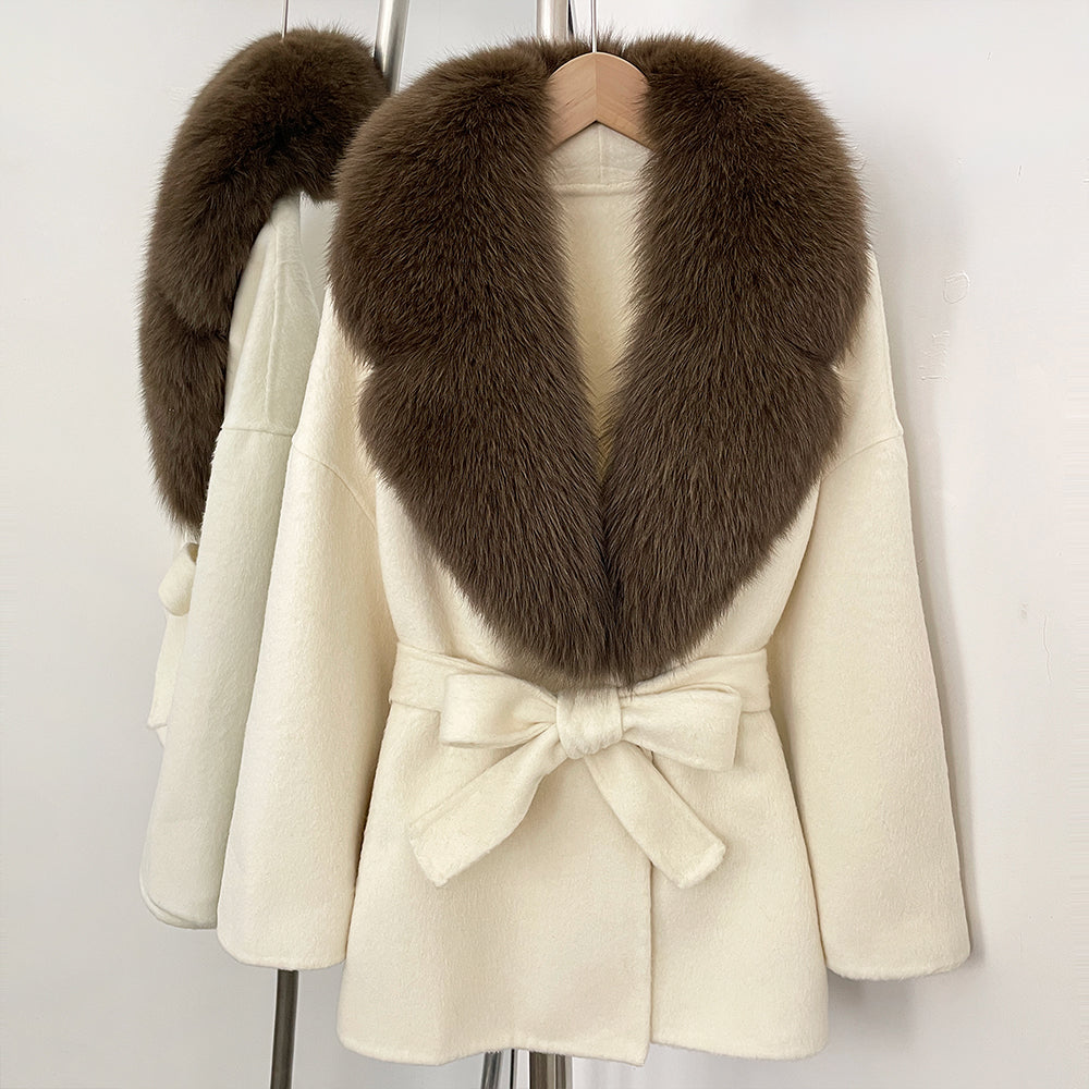 OFTBUY Belted Warm Winter Elegant Fashion Outerwear Lady New Women's Double-Faced Wool Coat with Large Real Fox Fur Collar Cuffs