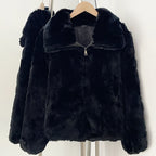 Jet black minimalist solid real rabbit fur zip winter coat full front view