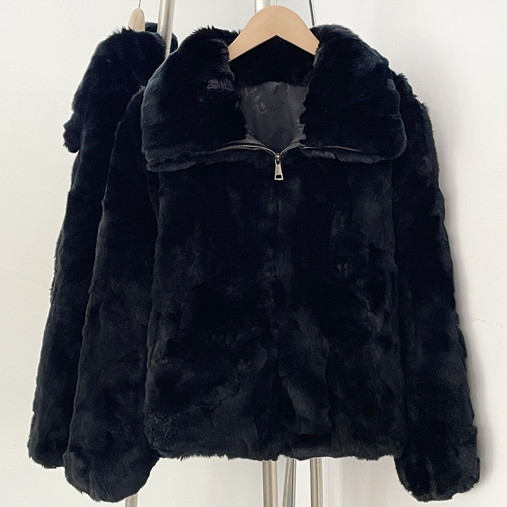 Jet black minimalist solid real rabbit fur zip winter coat full front view