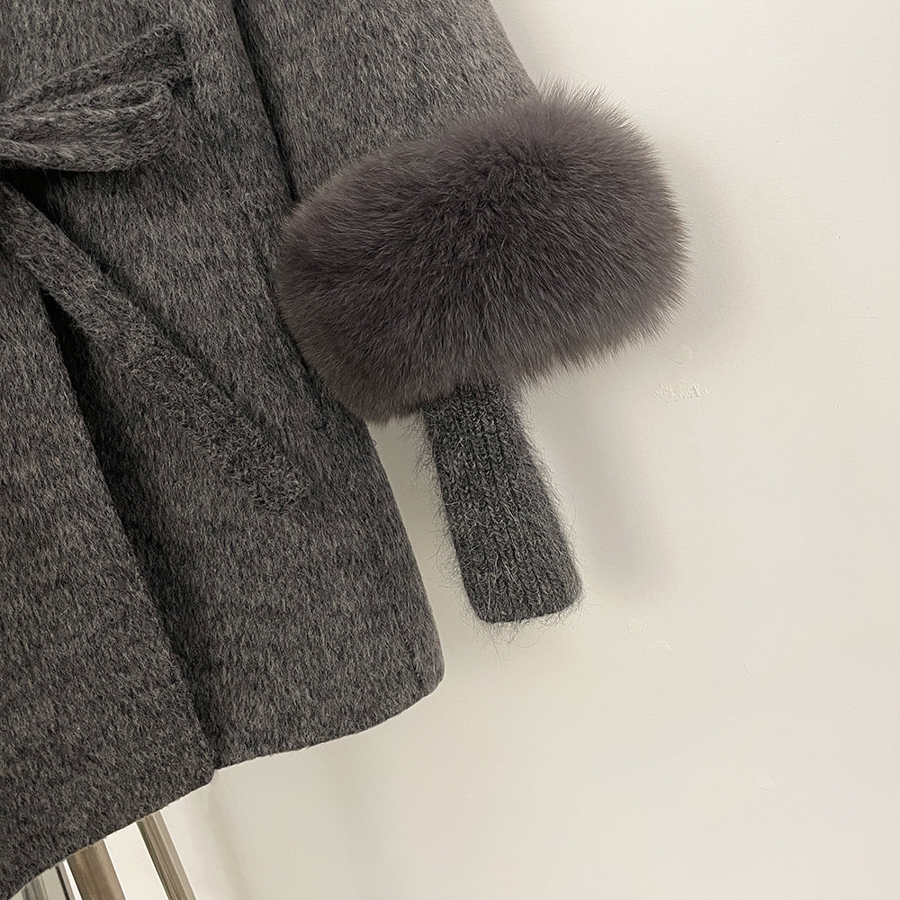 OFTBUY High Collar Belt Real Fox Fur Wool Coat Female New Autumn Winter Knitted Sleeves Woolen Clothes Women Alpaca Loose Jacket