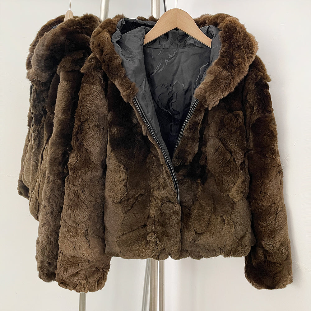 OFTBUY V-Neck Open Front Fur Jacket Female New Autumn Winter Outerwear Women's Brown Patchwork Real Rex Rabbit Fur Short Coat