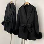 OFTBUY 100% Wool Wrap Belted Short Coat - Wide Shawl Lapel Real Fox Fur Cuff Luxury Double Sided Wool Jacket