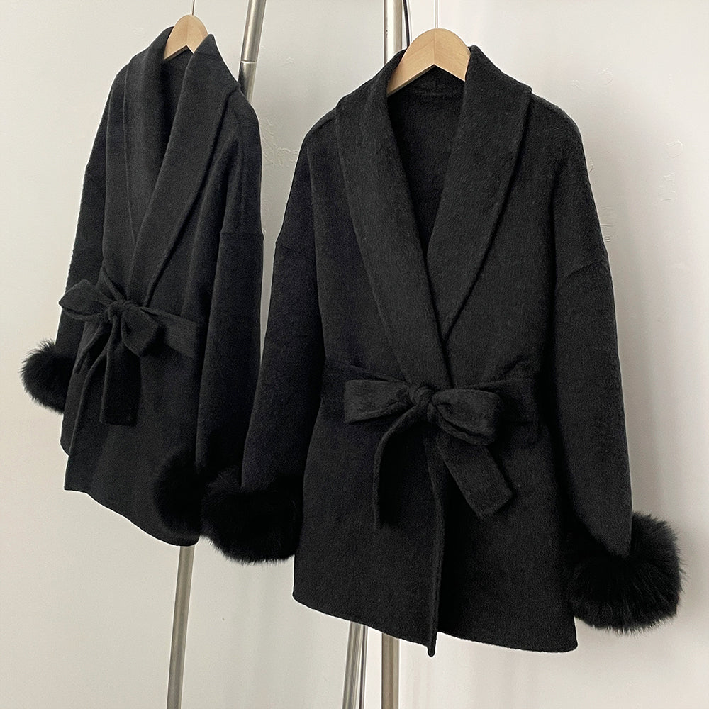 OFTBUY 100% Wool Wrap Belted Short Coat - Wide Shawl Lapel Real Fox Fur Cuff Luxury Double Sided Wool Jacket