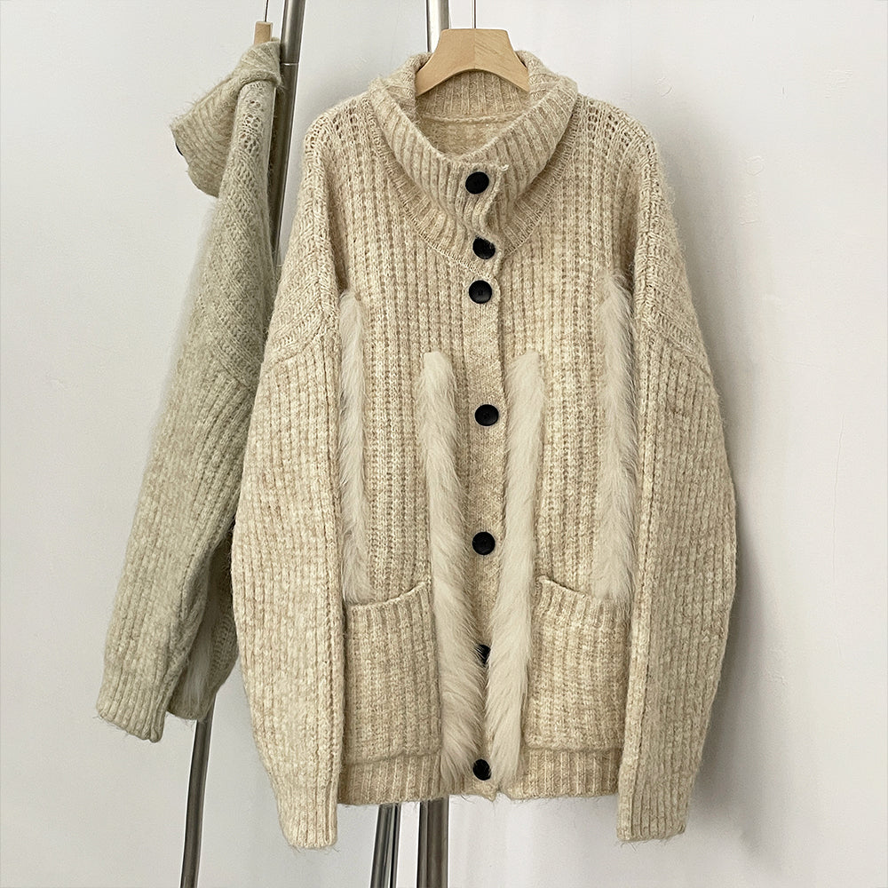 OFTBUY New Fashion Spring Autumn Loose Sweater Female Real Fox Fur Cardigan Clothing Women Button Oversized Knitted Jacket Lady