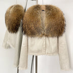 OFTBUY Luxury Suede Jacket with Real Rabbit Fur Lining & Oversized Fox/Raccoon Fur Collar