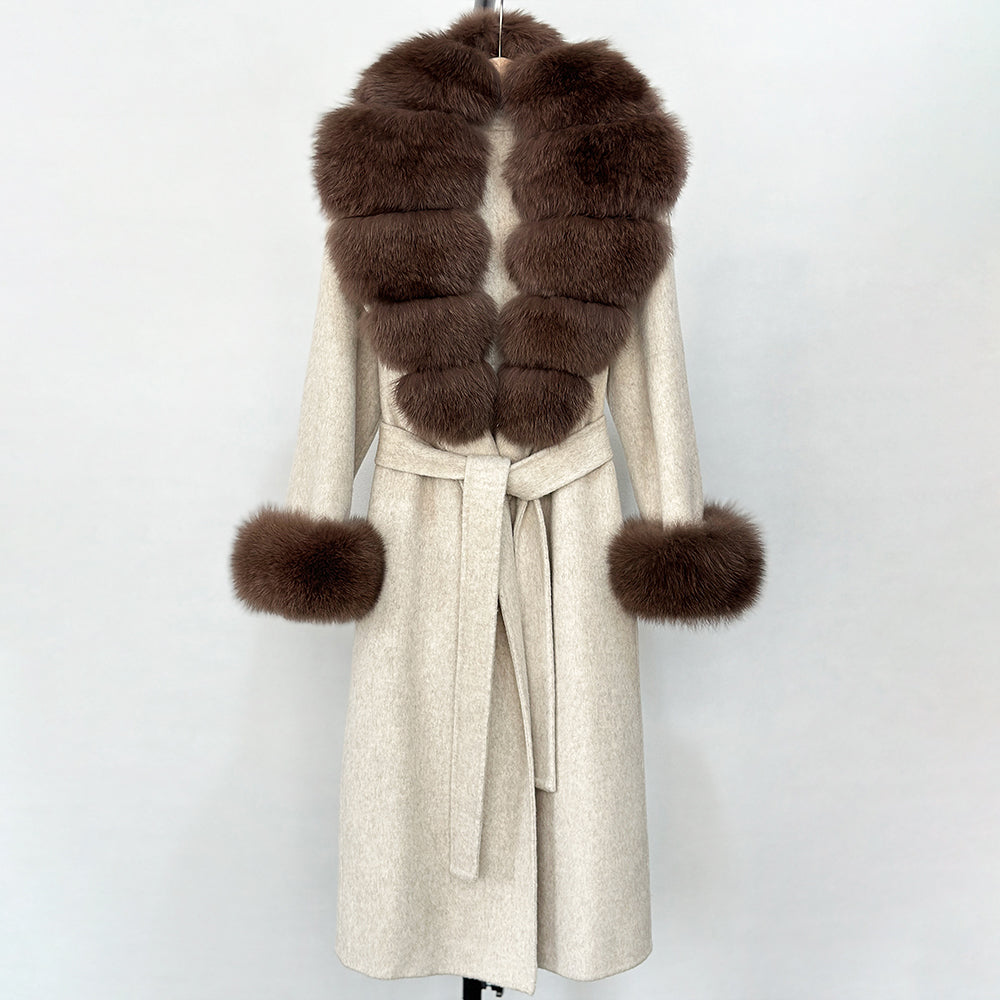 OFTBUY Fashion Warm Woolen Jacket with Real Fox Fur Collar and Cuffs New Autumn Winter Wool Clothing Women Long Belt Outerwear