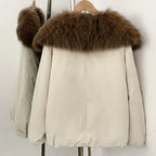 OFTBUY Luxury Oversized Real Fox Fur Collar Duck Down Cropped Jacket - 90% Duck Down Fill Winter Puffer Coat