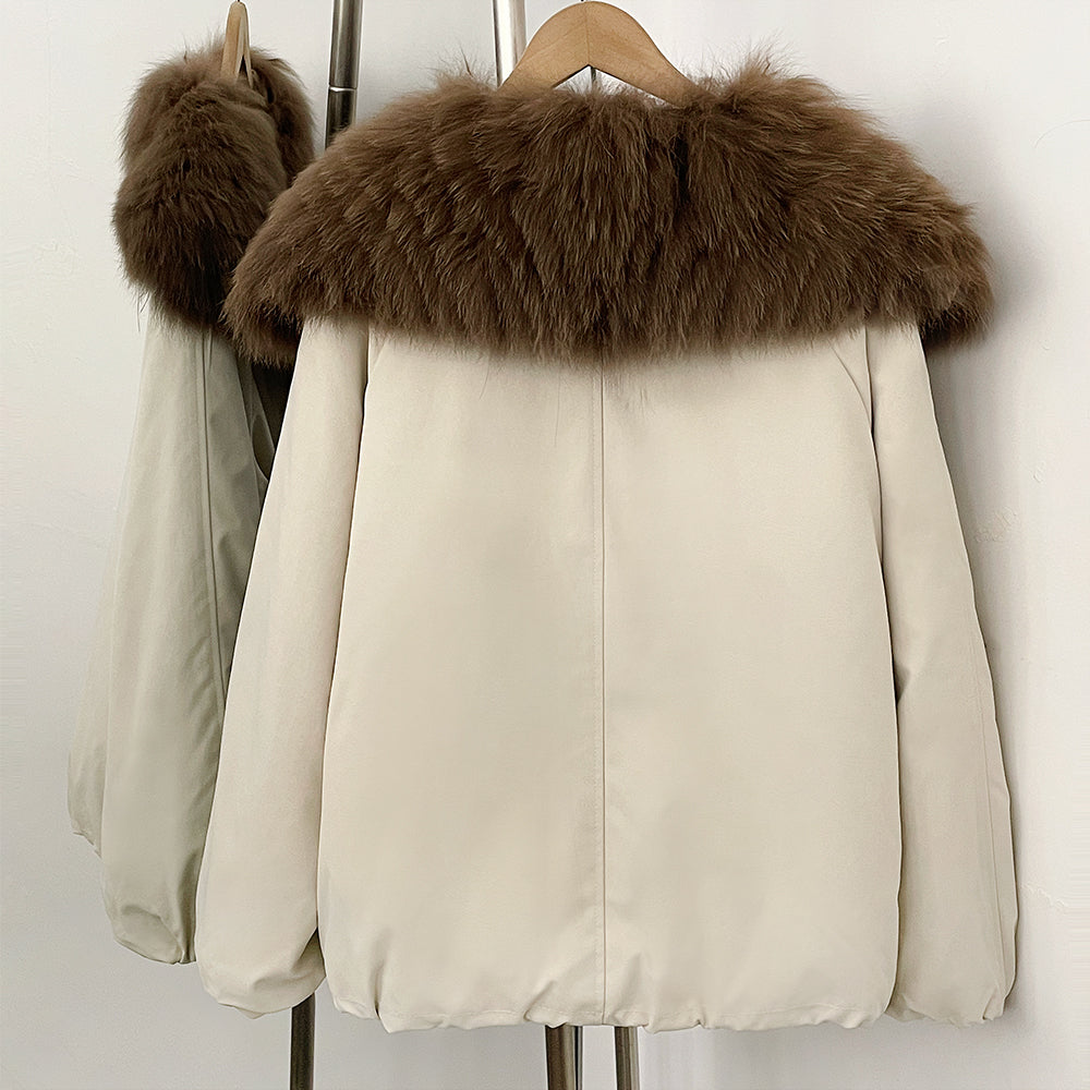 OFTBUY Luxury Oversized Real Fox Fur Collar Duck Down Cropped Jacket - 90% Duck Down Fill Winter Puffer Coat