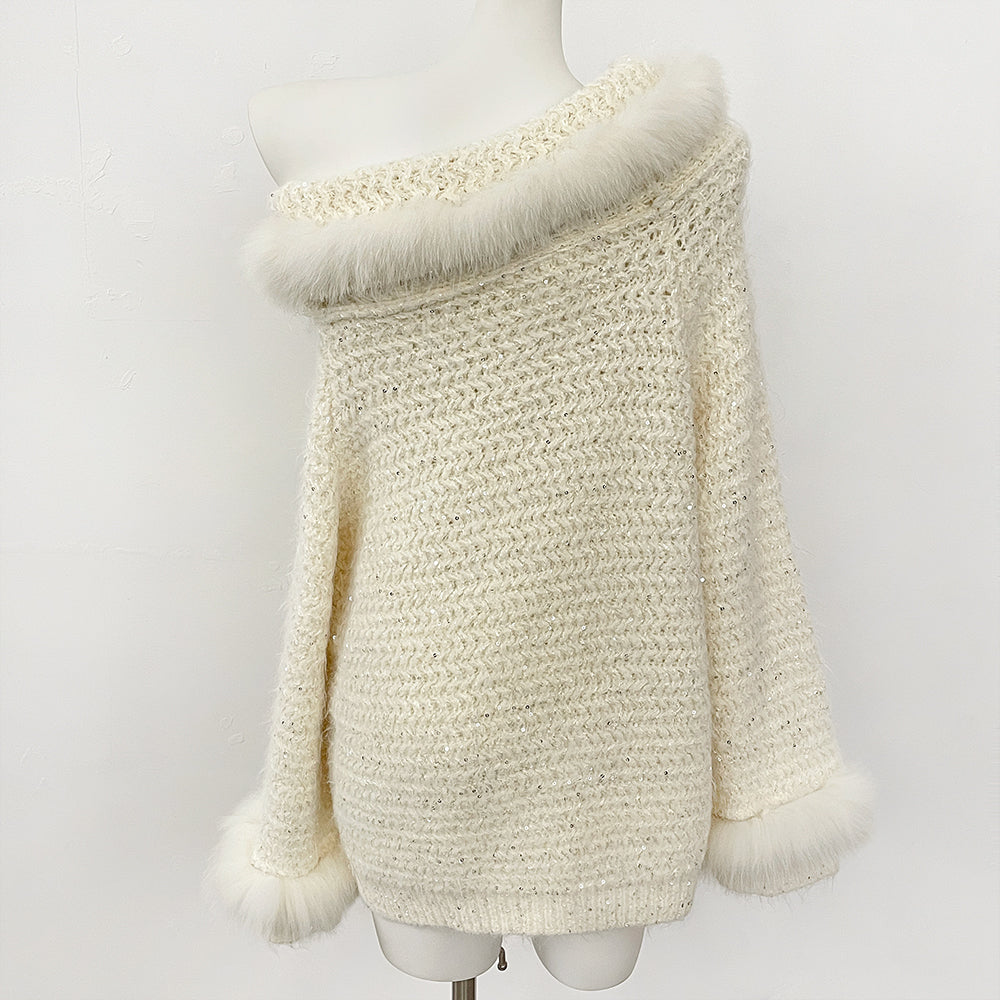 OFTBUY New Spring Autumn Light Top Clothes Female One-length Shoulder Pullovers Knitting Coat Women Real Fox Fur Knitted Sweater