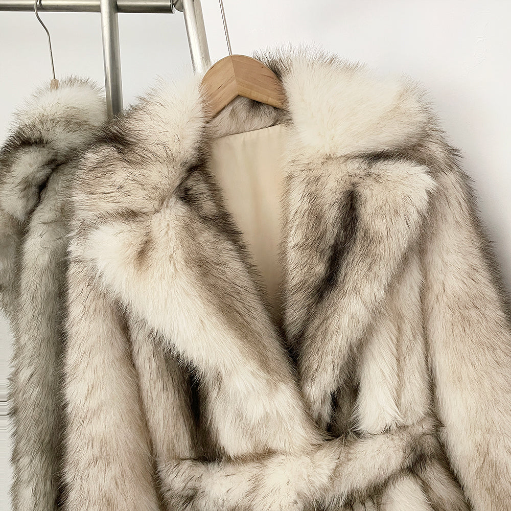 OFTBUY Luxury Long-Length Belted Faux Fur Coat - Premium Vegan Silver Fox Style Overcoat with Oversized Lapel