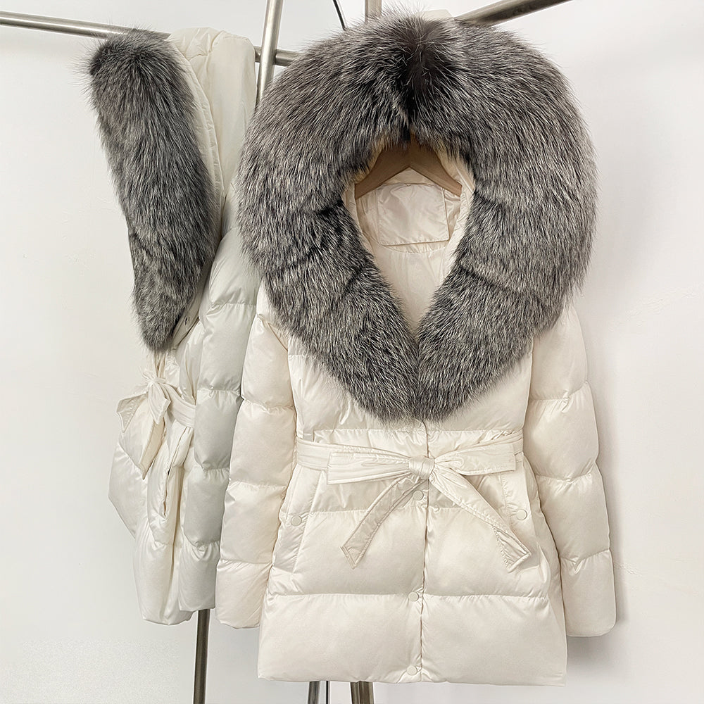 OFTBUY New Women's Duck Down Jacket with Large Real Fox Fur Hood Belted Waist Warm Winter Puffer Coat Lady Luxury Outerwear