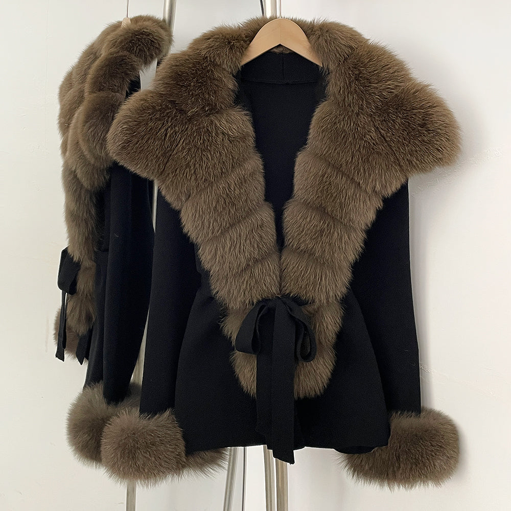 OFTBUY cardigan women Sweater Female New Women's Knit Coat with Real Fox Fur collar Belt Luxury Warm Winter Fashion Outerwear