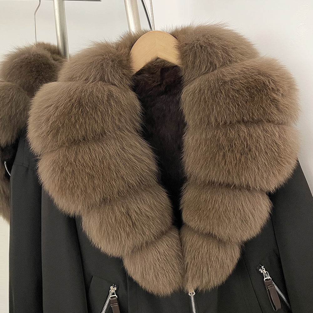 OFTBUY Luxury Real Fox Fur Collar Parka - Premium Real Rabbit Fur Lined Bomber Jacket for Extreme Cold