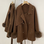 OFTBUY Gold Buttons Belted Bow Warm Winter Elegant Fashion Outerwear New Women's Double Face Wool Coat with Real Fox Fur Cuffs