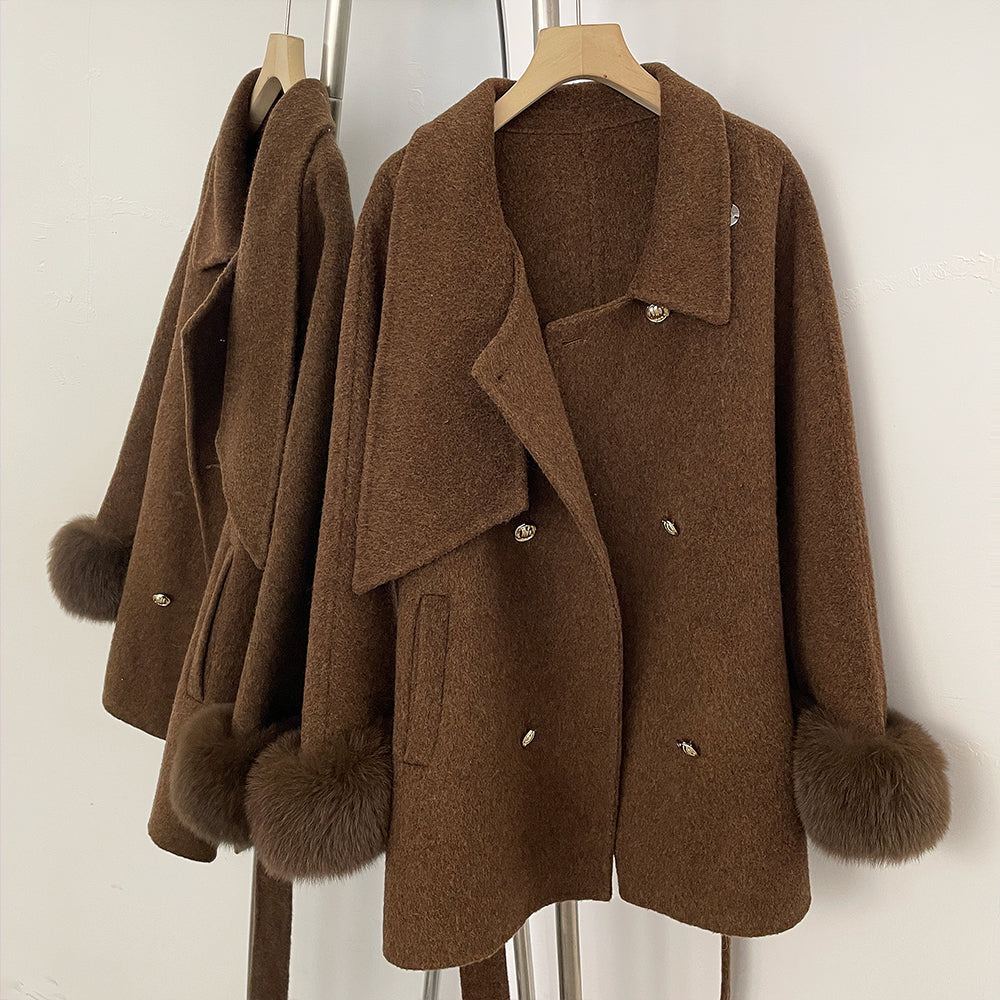OFTBUY Gold Buttons Belted Bow Warm Winter Elegant Fashion Outerwear New Women's Double Face Wool Coat with Real Fox Fur Cuffs