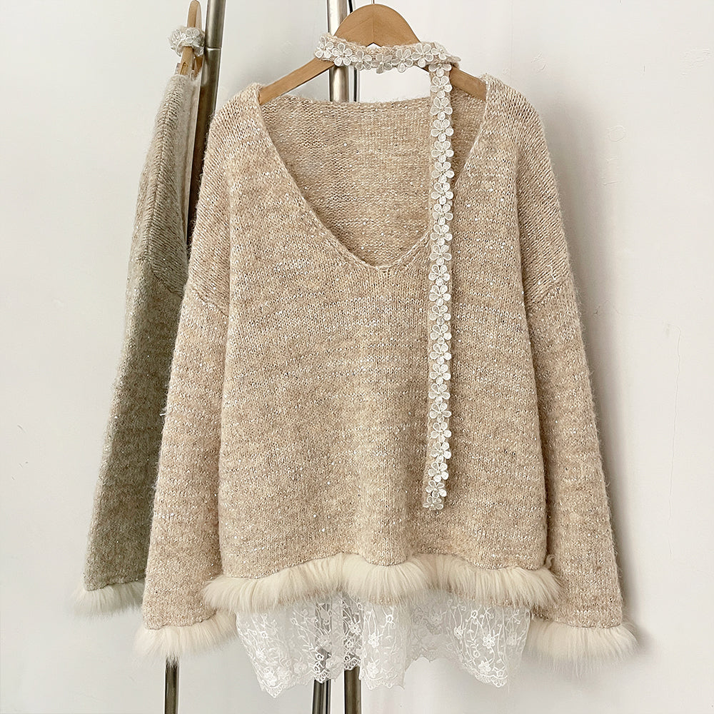 OFTBUY New Spring Autumn Top Knitted Clothes Women Loose Ribbon Knitwear Coat Real Fox Fur Lace Pullovers Sweater Jacket Female