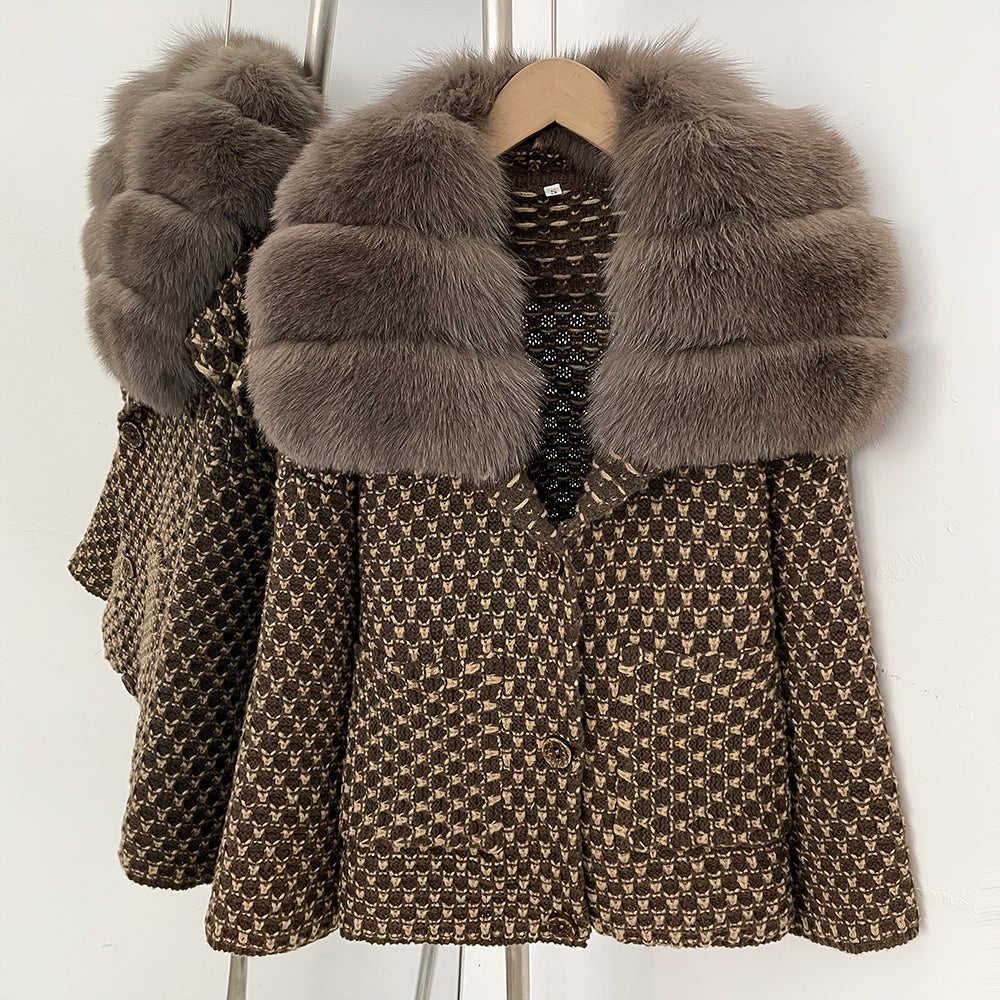 OFTBUY Women's Real Fox Raccoon Fur Collar Houndstooth Knit Cardigan Warm Winter Sweater Coat Female Luxury Elegant Outerwear