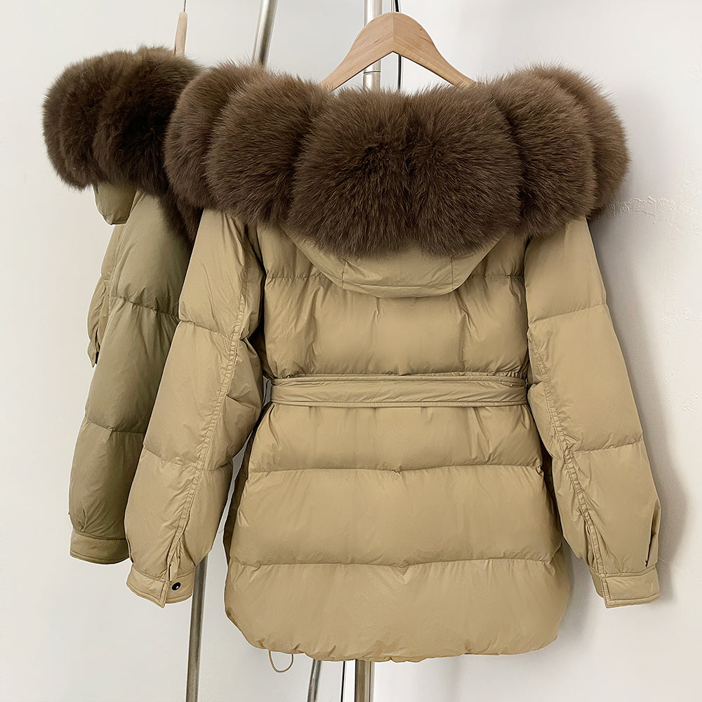 OFTBUY Thick Warm Mid-Long Puffer Coat Real Fox Fur Collar White Duck Down Coat Female Loose Warm Hooded Parkas With Belt