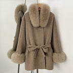 OFTBUY Belted Waist Elegant Winter Luxury Woolen Outerwear Female New Women's Wool Coat Large Real Fox Fur Collar and Cuffs