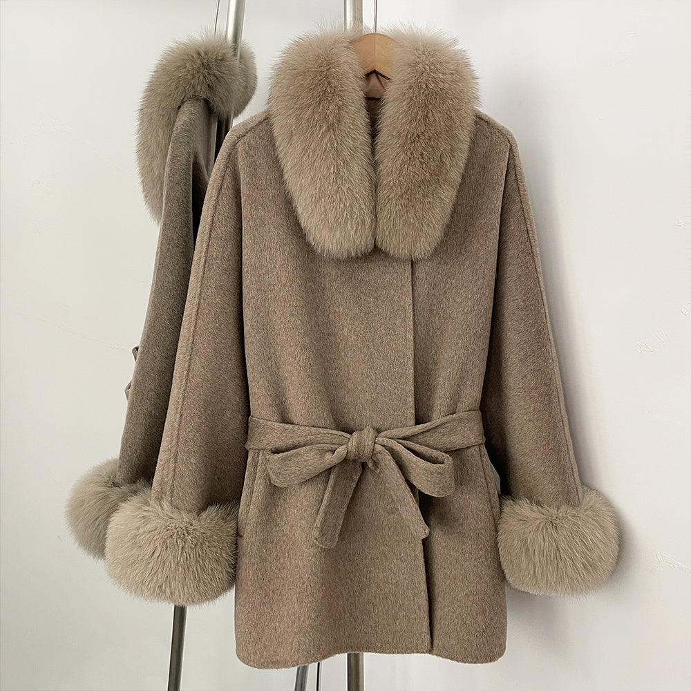 OFTBUY Belted Waist Elegant Winter Luxury Woolen Outerwear Female New Women's Wool Coat Large Real Fox Fur Collar and Cuffs