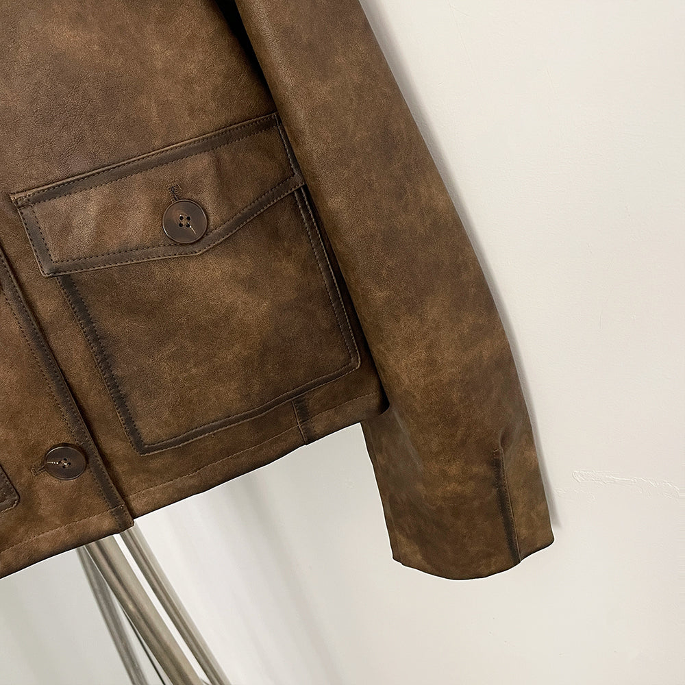 OFTBU Oversized Pockets Streetwear Fashion Outerwear Fake Leather Coat Female New Women's Vintage Washed Faux Leather Jacket