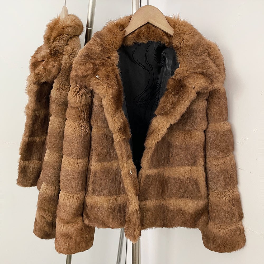 OFTBUY Women Horizontal Striped Real Rabbit Fur Coat Luxury Camel Fur Jacket with Stand Collar New Warm Winter Outerwear Female