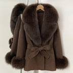 OFTBUY New Women's Double-Faced Wool Coat with Large Real Fox Fur Collar Cuffs Belted Warm Winter Elegant Fashion Outerwear Lady