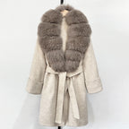 OFTBUY Natural Real Fox Fur Wool Blends Coat Women New Belt Pocket Winter Jacket Female Loose Woolen Outerwear Streetwear