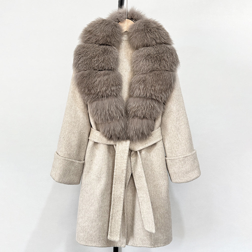 OFTBUY Natural Real Fox Fur Wool Blends Coat Women New Belt Pocket Winter Jacket Female Loose Woolen Outerwear Streetwear