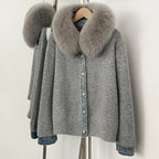 OFTBUY Denim Trim Warm Autumn Winter Fashion Outerwear Sweater Female New Women's Knit Cardigan with Large Real Fox Fur Collar