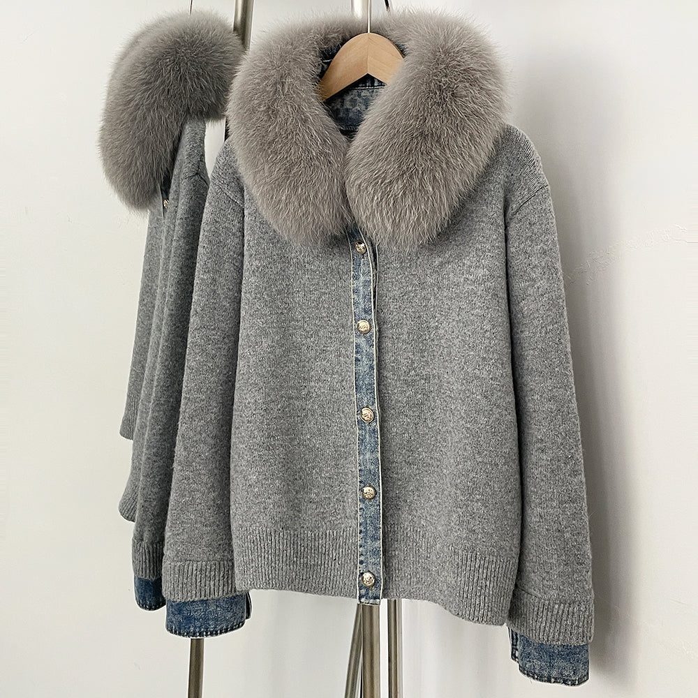 OFTBUY Denim Trim Warm Autumn Winter Fashion Outerwear Sweater Female New Women's Knit Cardigan with Large Real Fox Fur Collar