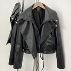 OFTBUY Women's Black Faux Leather Cropped Moto Jacket Asymmetric Zip PU Biker Coat Female New Autumn Vintage Punk Outerwear