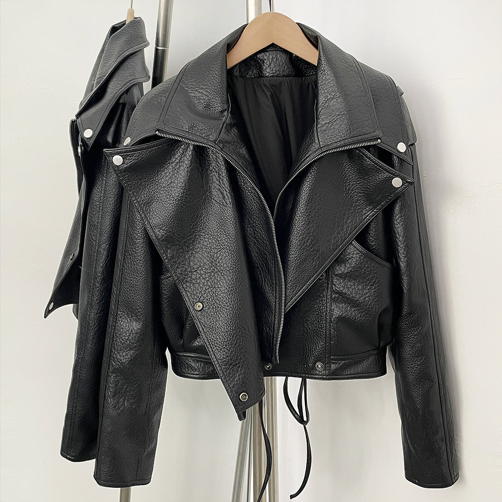 OFTBUY Women's Black Faux Leather Cropped Moto Jacket Asymmetric Zip PU Biker Coat Female New Autumn Vintage Punk Outerwear