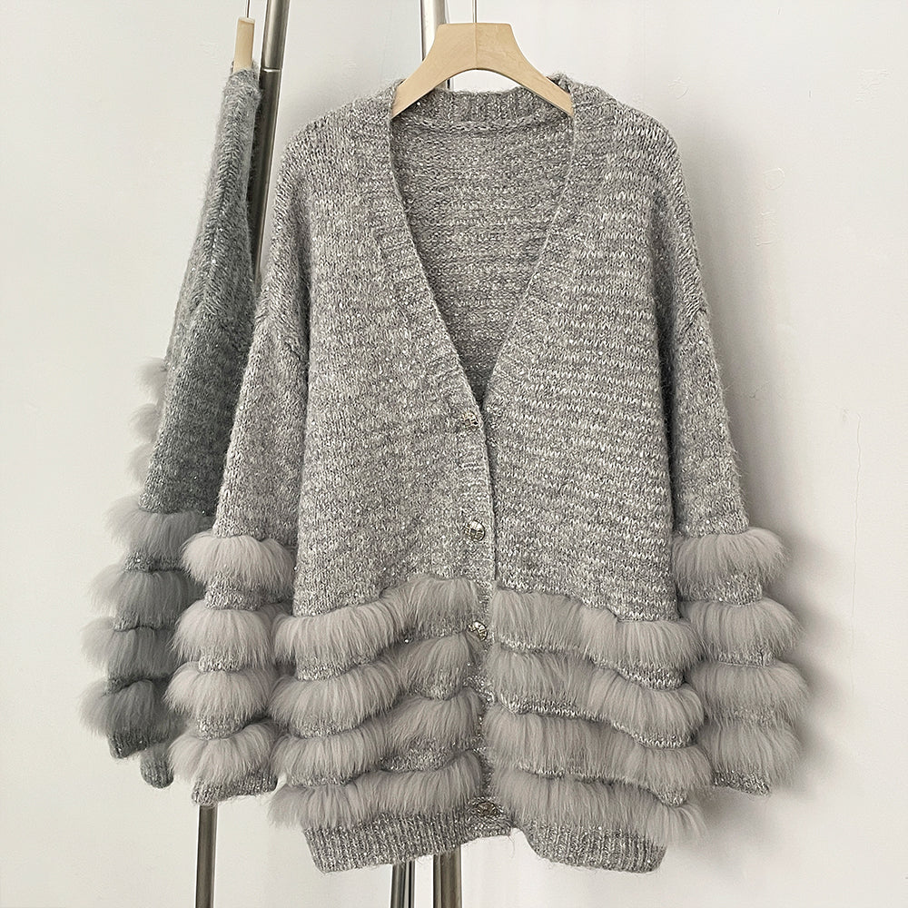 OFTBUY Loose Oversize Knitwear Coat Real Fox Fur Button Cardigan Swrater Jacket Female New Spring Autumn Knitted Clothes Women