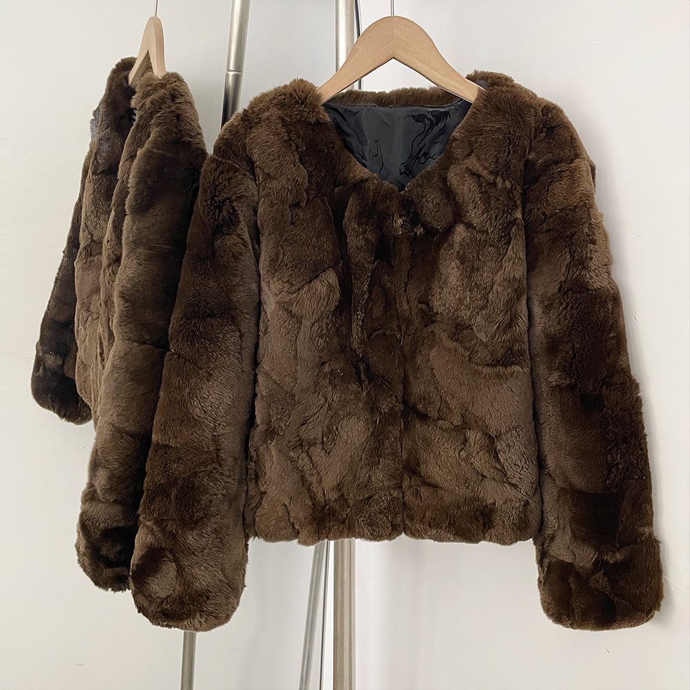 OFTBUY Women's Brown Patchwork Real Rex Rabbit Fur Short Coat V-Neck Open Front Fur Jacket Female New Autumn Winter Outerwear
