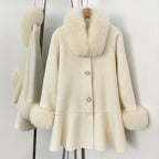 OFTBUY New Women's Wool Coat with Real Fox Fur Colla and Cuffs Luxury Pearl Button Ruffled Hem Winter Warm Outerwear Female