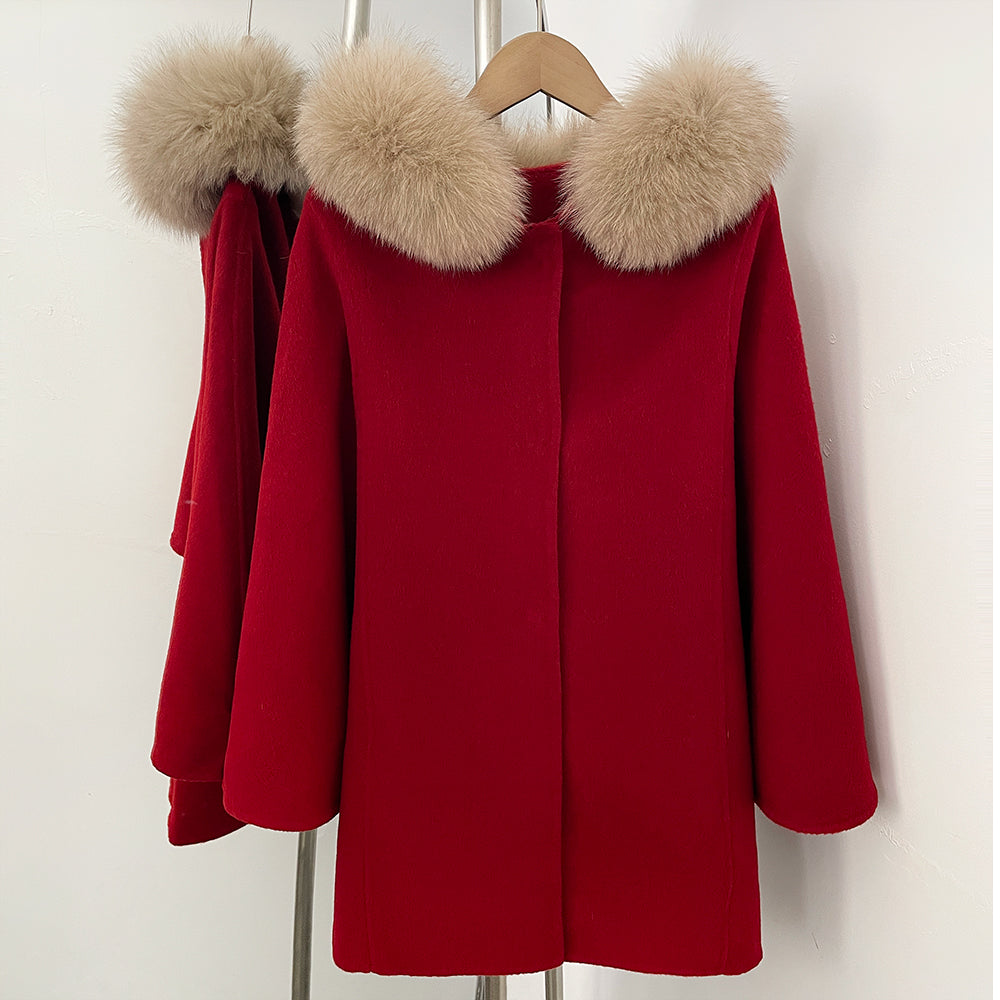 OFTBUY New Women's Wool Coat with Large Real Fox Fur Hooded Trim Long Sleeve Warm Winter Elegant Fashion Outerwear Woolen Cape