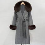 OFTBUY Fashion Warm Wool Coat with Real Fox Fur Collar New Autumn Winter Long Clothing Women Belt Elegant Woolen Jcacket Female