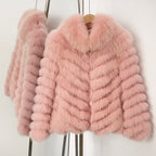 Soft pink feminine real fox fur jacket with oversized fluffy fur collar