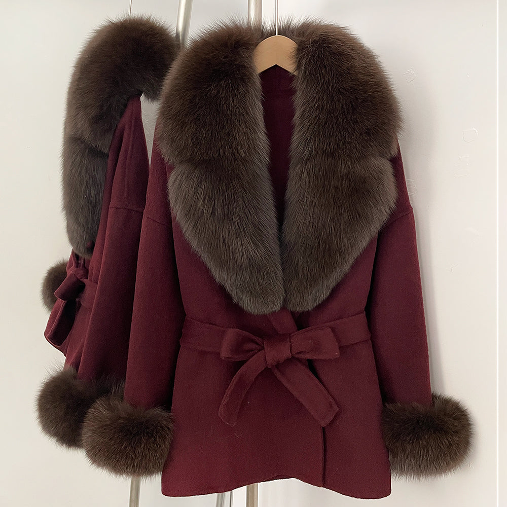 OFTBUY New Women's Double-Faced Wool Coat with Large Real Fox Fur Collar Cuffs Belted Warm Winter Elegant Fashion Outerwear Lady