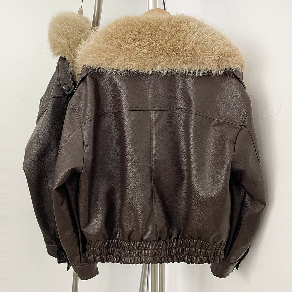 OFTBUY Stylish Fur Patchwork Leather Jacket Women Detachable Collar Breasted Waist Closed Coat Female Spring Winter Lady Outwear