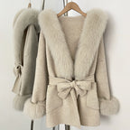 OFTBUY Hooded Big Natural Fur Belt Wool Coat Women New Autumn Winter Real Fox Fur Clothes Female Pocket Luxury Woolen Coat Lady